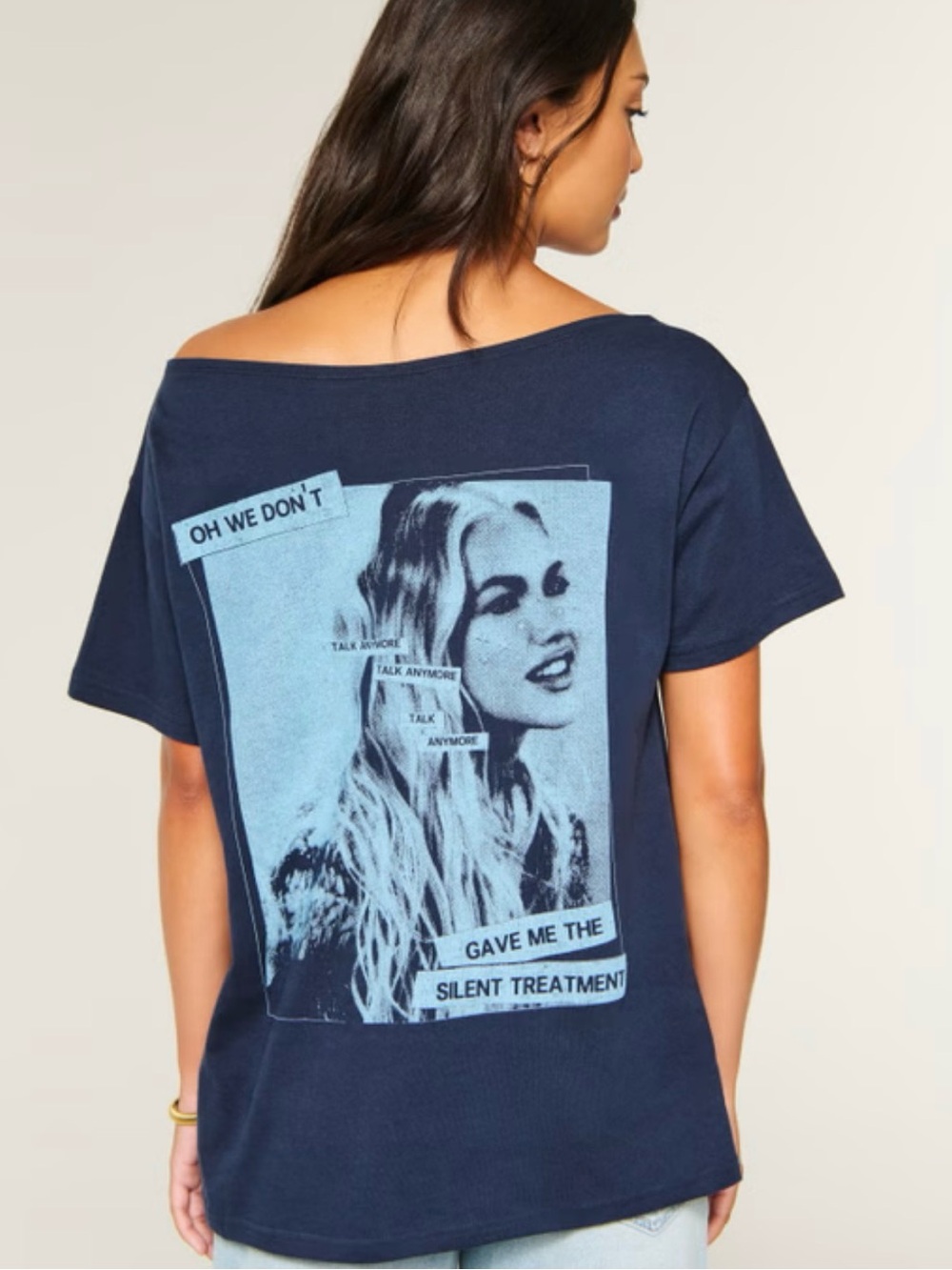 Freya Skye Navy Off-Shoulder Graphic Tee with Light Blue Print size M